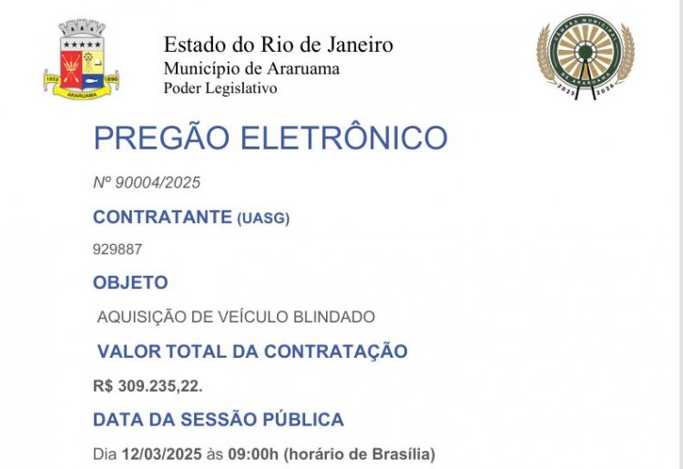 Câmara de Araruama investe R$309 mil em carro blindado para segurança dos vereadores