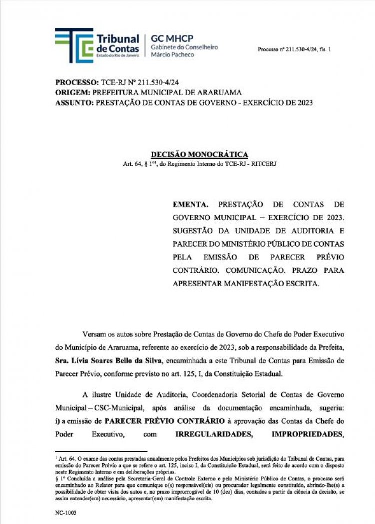 Decisão do TCE-RJ Aponta Irregularidades na Gestão de Lívia de Chiquinho