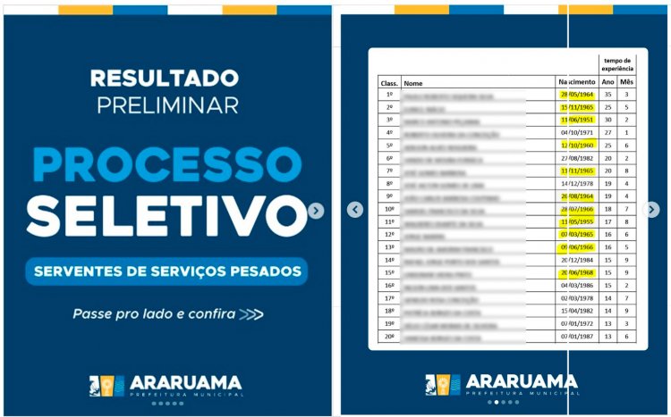 Processo seletivo da Prefeitura de Araruama escolhe candidatos com mais de 70 anos para cargo de Servente de Serviços Pesados